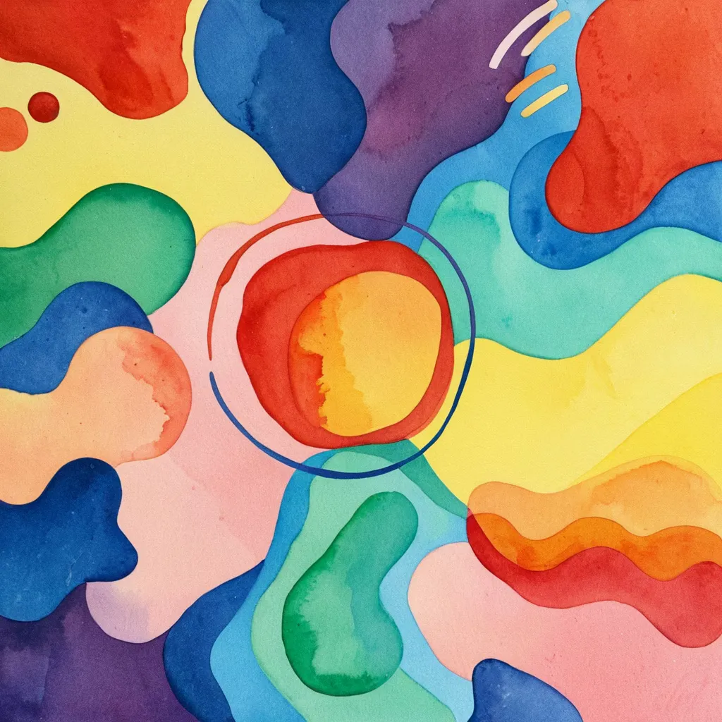 Abstract biomorphic shapes in blue, purple, green, and yellow surrounding a central red-orange solar ring.