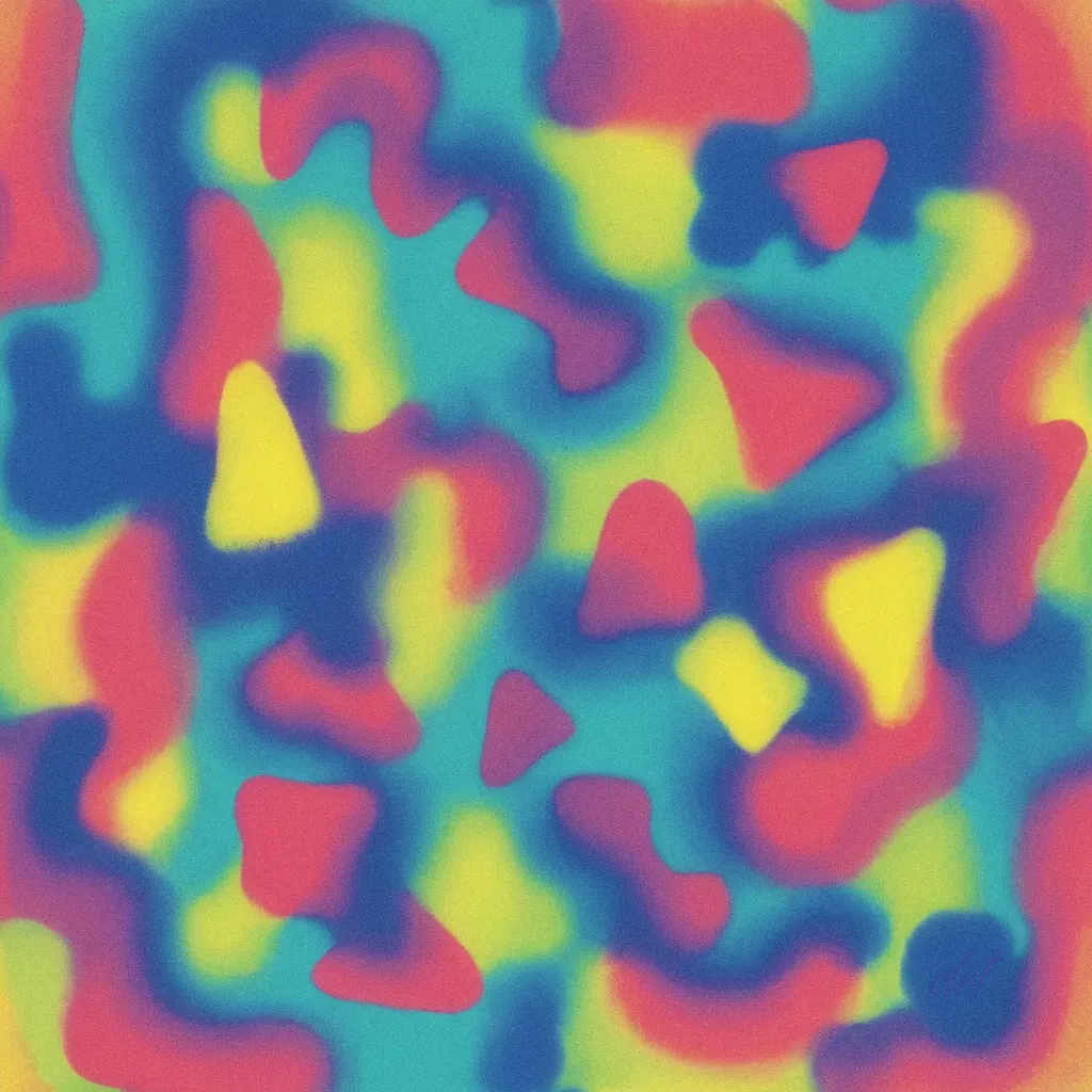Structured abstract composition with geometric panels of indigo blue, cyan, coral rose, and lime yellow.