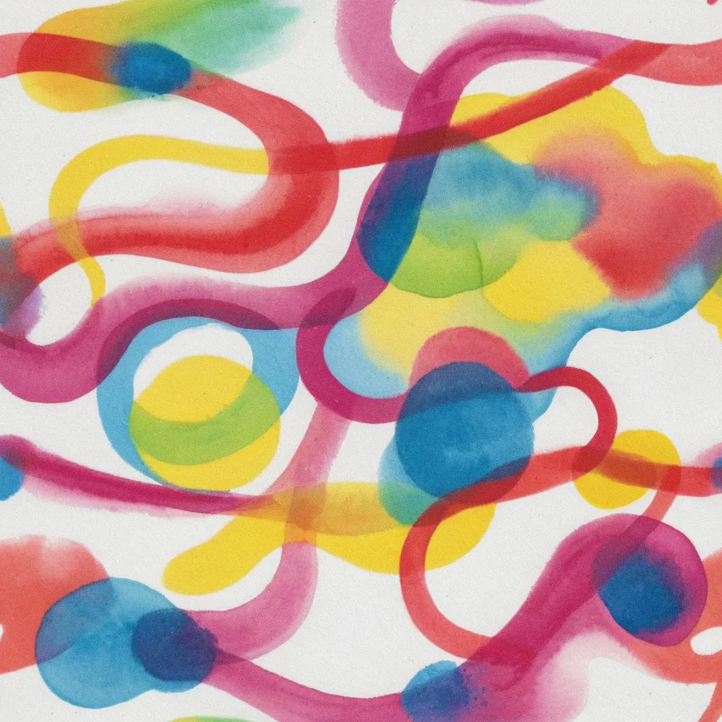 Horizontal abstract composition of layered coral pink, yellow amber, cobalt blue, and tangerine bands.