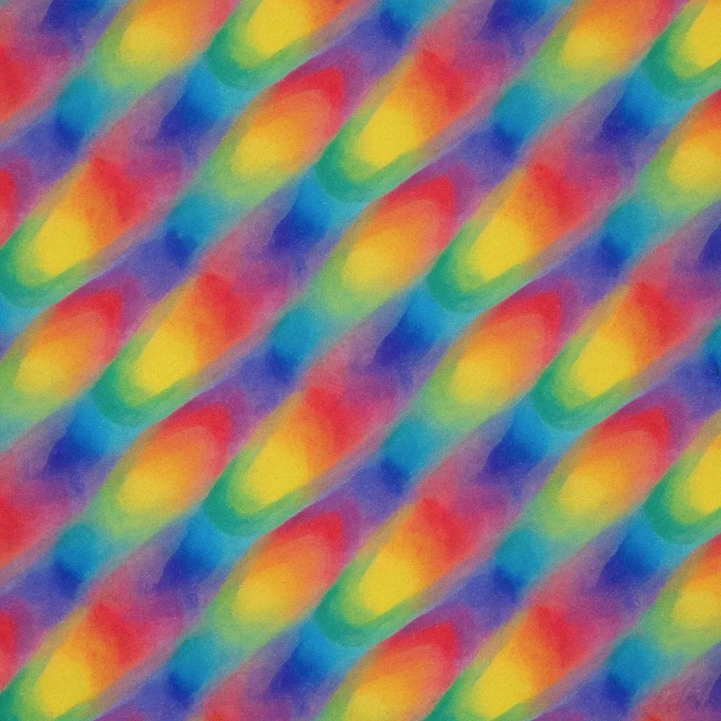 Modular geometric abstract painting with crossing planes of saffron amber, vermilion red, cobalt blue, and terracotta.